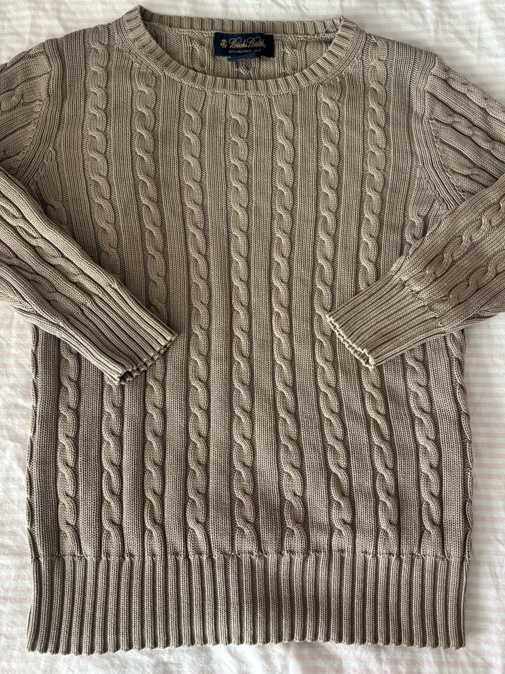 Brooks Brothers Taupe Cable-Knit Silk Crewneck Sweater